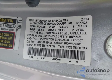 2014 Honda Civic Lx from USA, damaged, VIN 2HGFG3B56EH524192